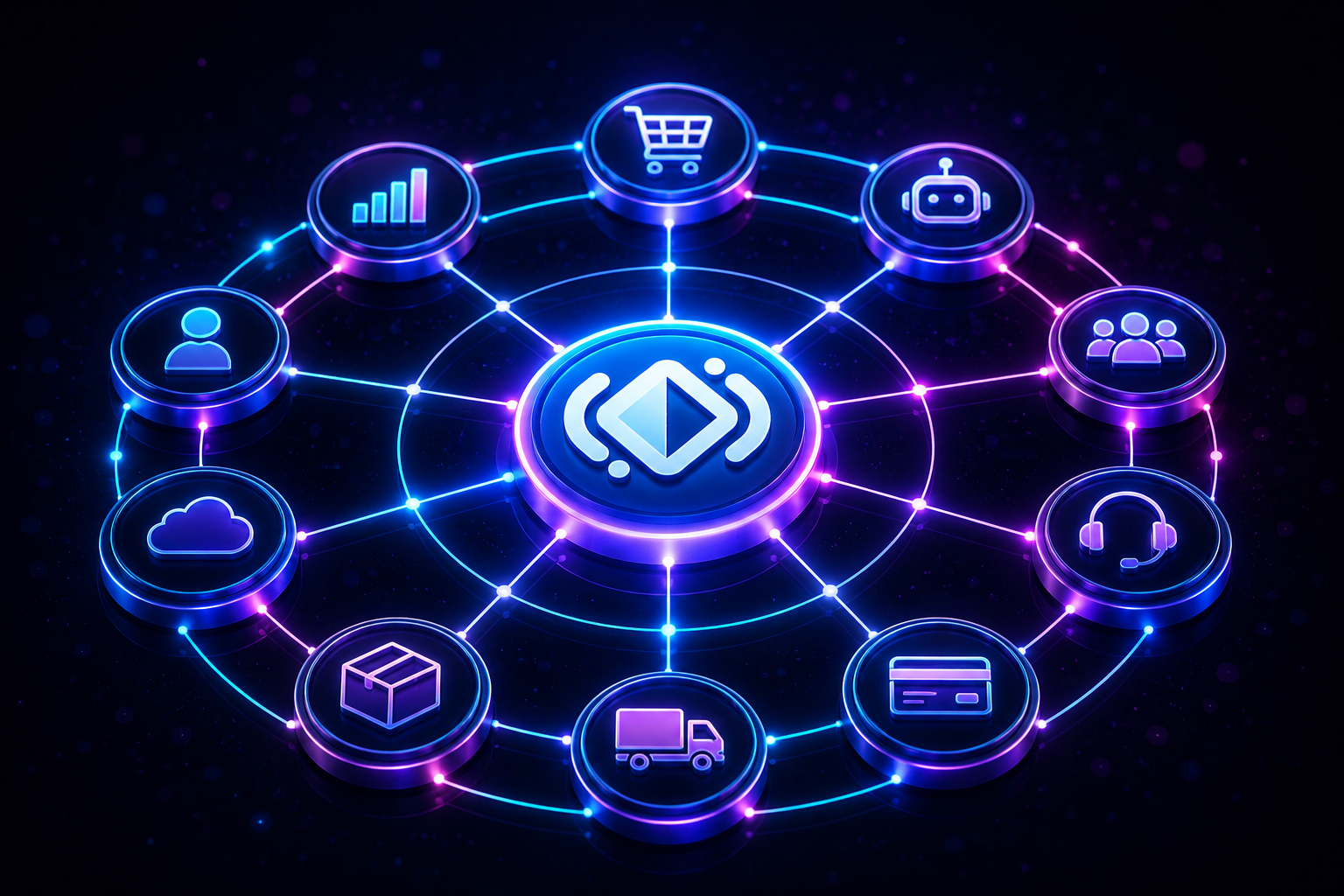 ICU Internet at the center of an orbit of connected business tools — commerce, AI, customers, support, payments, shipping, inventory, cloud and analytics