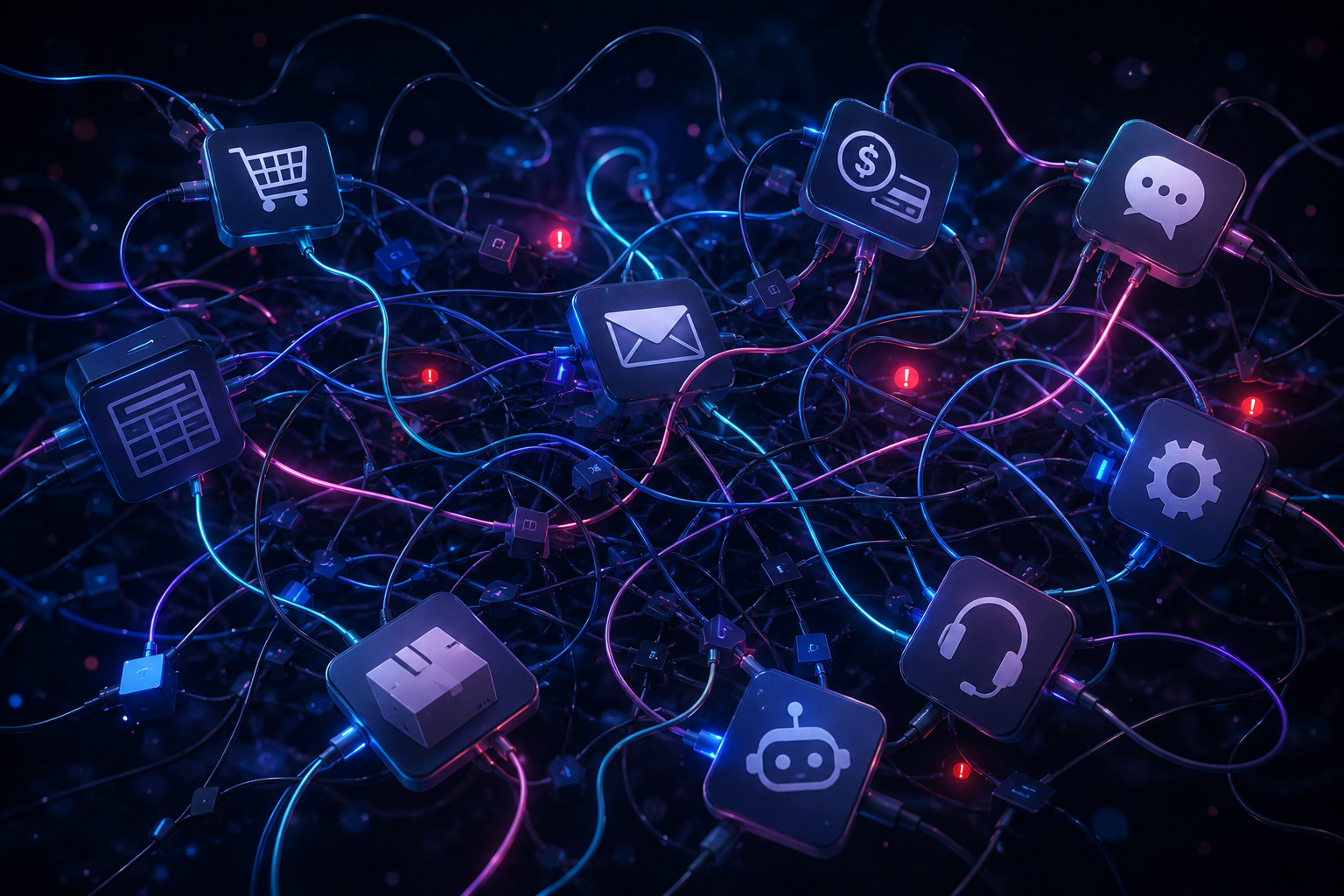 A scattered pile of disconnected business tools — website, email and texts, payments, spreadsheets, inventory, QuickBooks, social, support and AI — before they're brought into one system